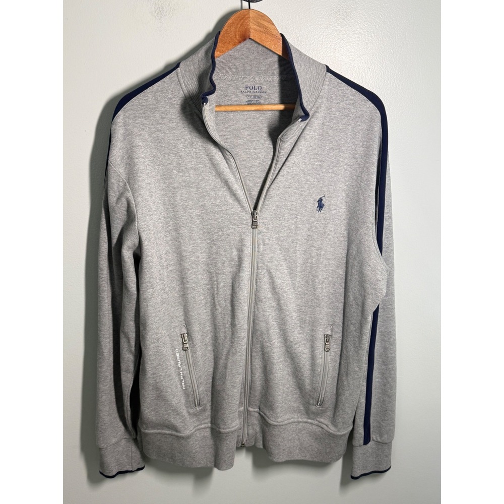 Polo Ralph Lauren Mens Gray Navy Stripe Full Zip Track Jacket Large Mock Neck